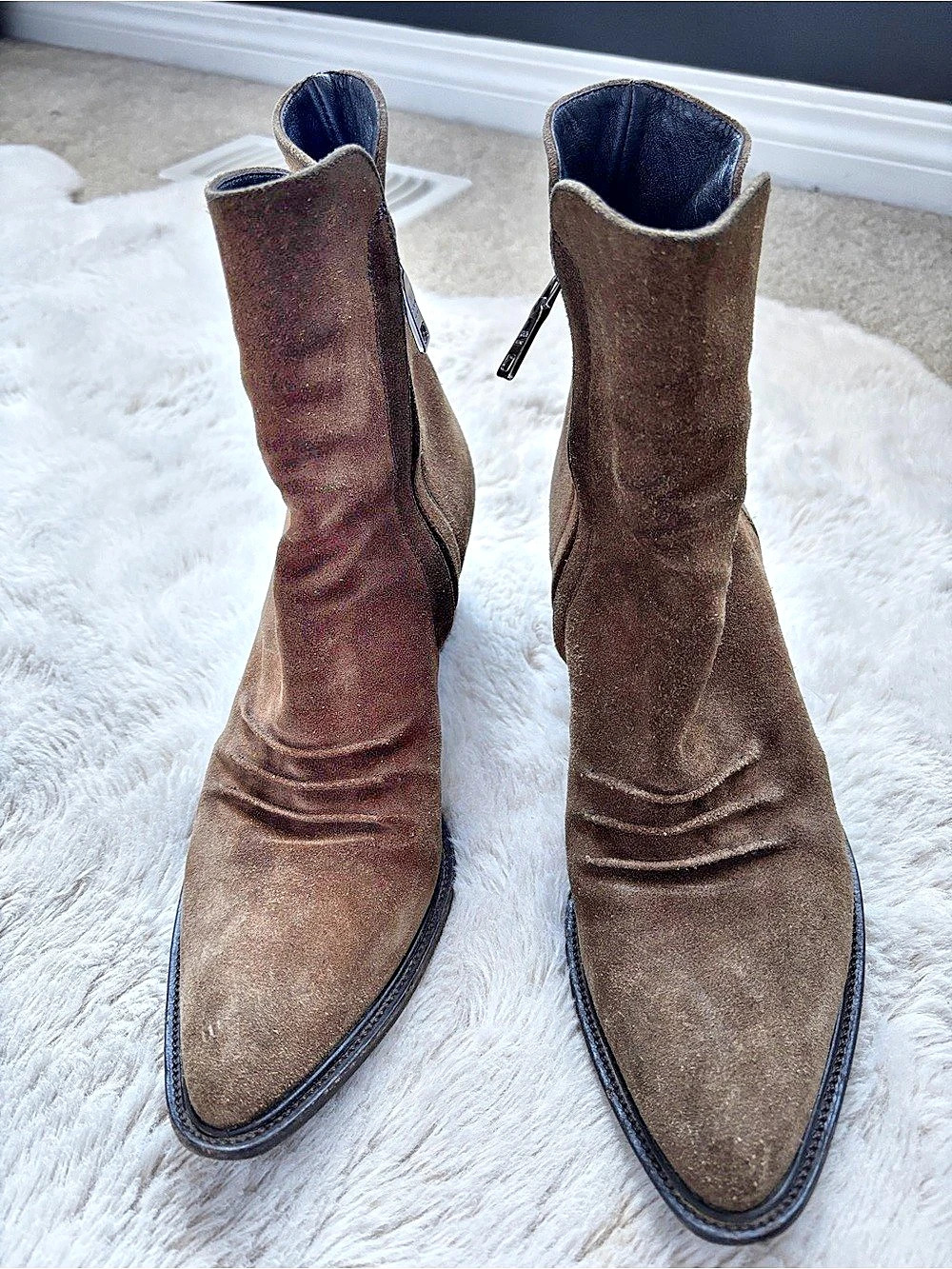 Prada Brown Suede Ankle Boots Block Heel Silver Zip Made in Italy 39
